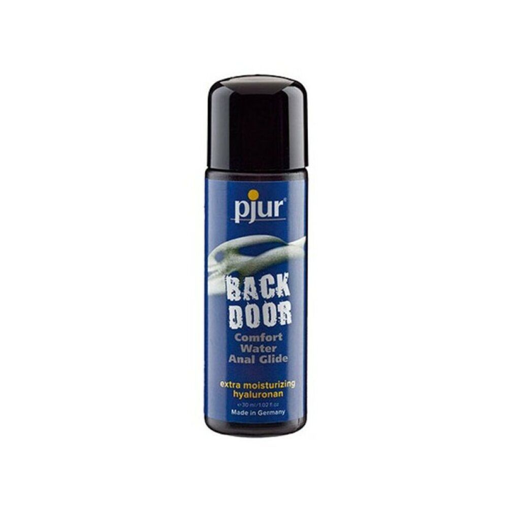 Blaue Flasche mit schwarzem Deckel. Aufschrift: pjur, BACK DOOR, Comfort Anal Glide. Mit Zusatz von Hyaluron. Hergestellt in Deutschland.