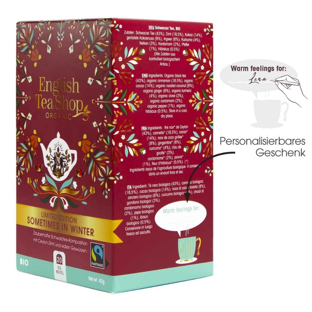Rote Schachtel mit floralem Muster. Aufschrift: English Tea Shop Organic, Limited Edition Sometimes in Winter, 20 Teebeutel, Bio, Fairtrade. Text über Zutaten.
