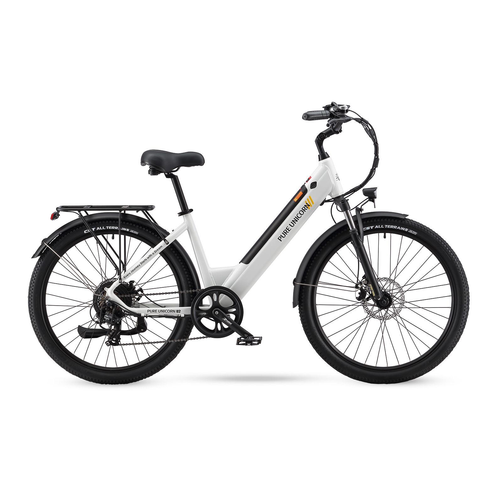 Weißes E-Bike mit schwarzen Reifen und Details. Marke: PURE UNICORN. Gepäckträger und Schutzbleche.