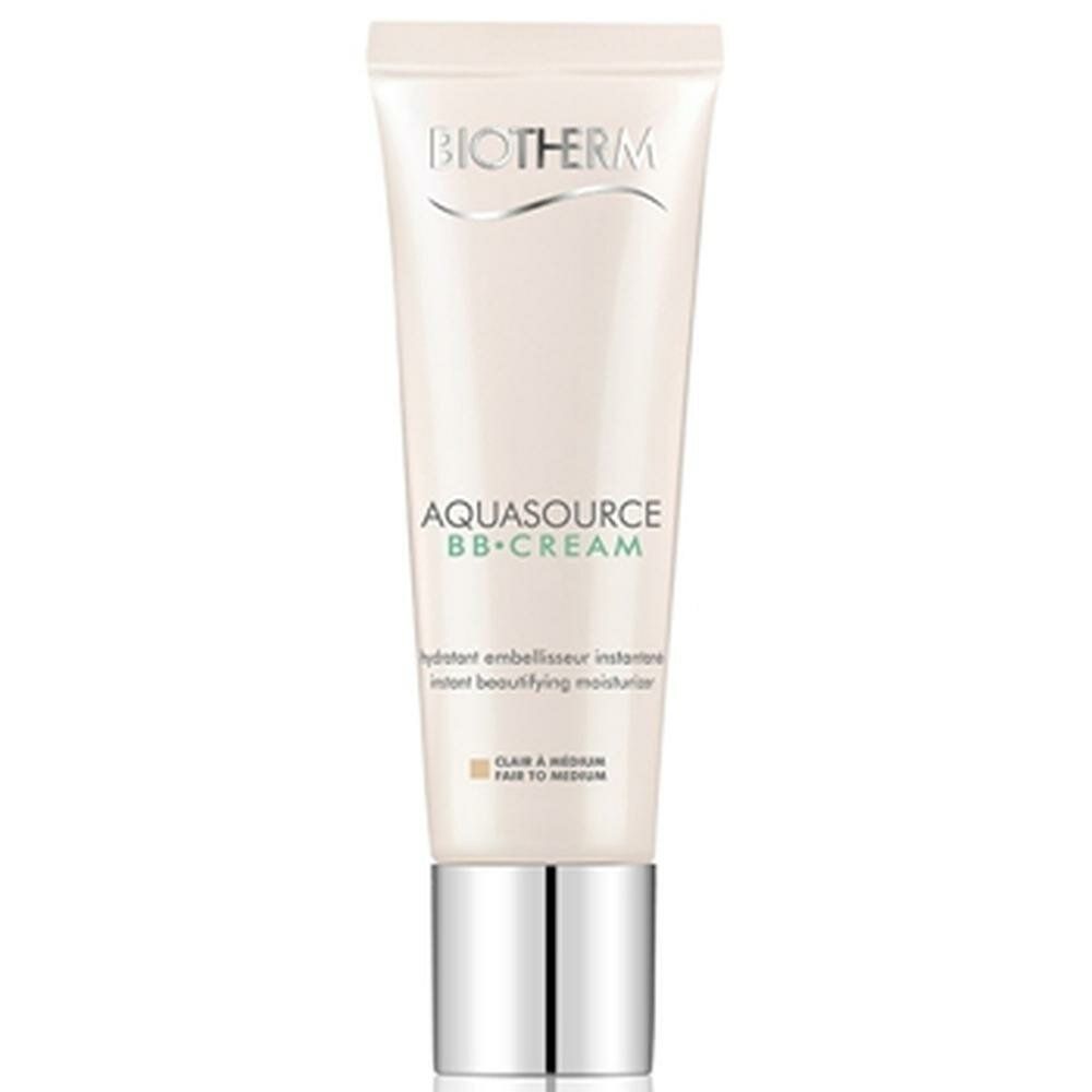 BIOTHERM AQUASOURCE BB CREAM. Tube, rosa. Text: AQUASOURCE BB CREAM, Fair to Medium. Silberne Kappe.