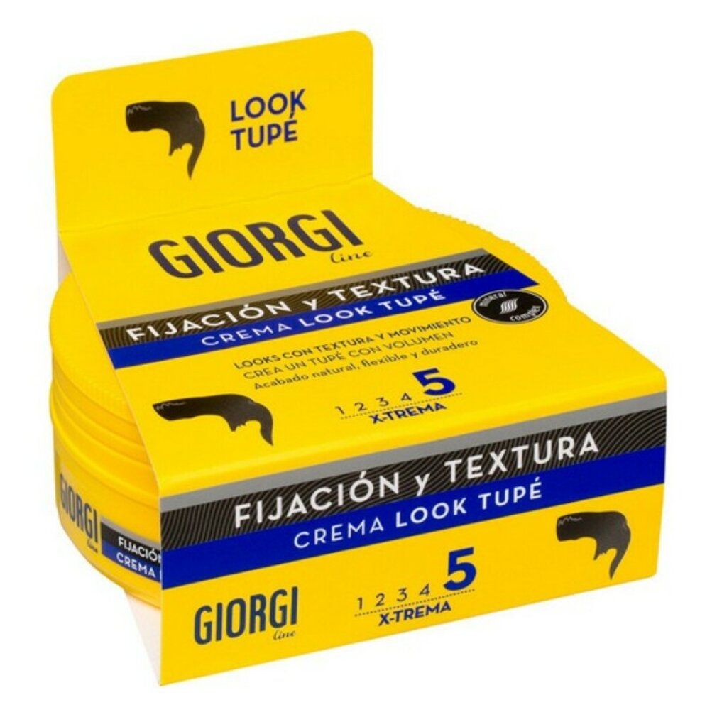 Gelbe Giorgi Line Fixation And Texture Cream Look Toupee n5 Verpackung. Text: "Fijación y Textura", "5 X-TREMA".