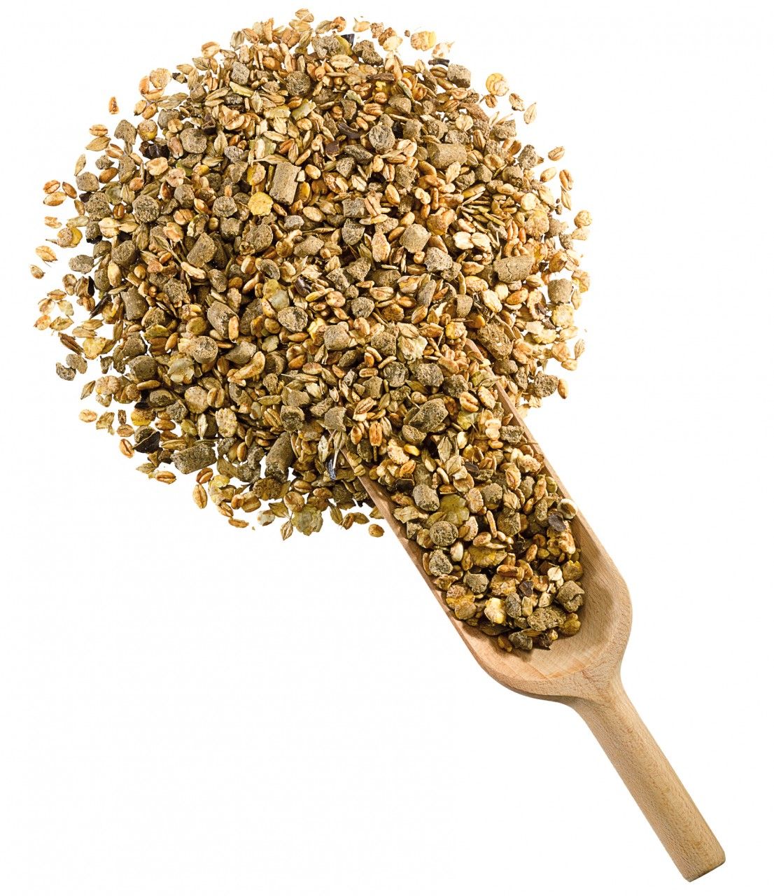 Haufen Fohlenmüsli mit Holzschaufel. Müsli-Textur mit sichtbaren Körnern. Helle, natürliche Farben.