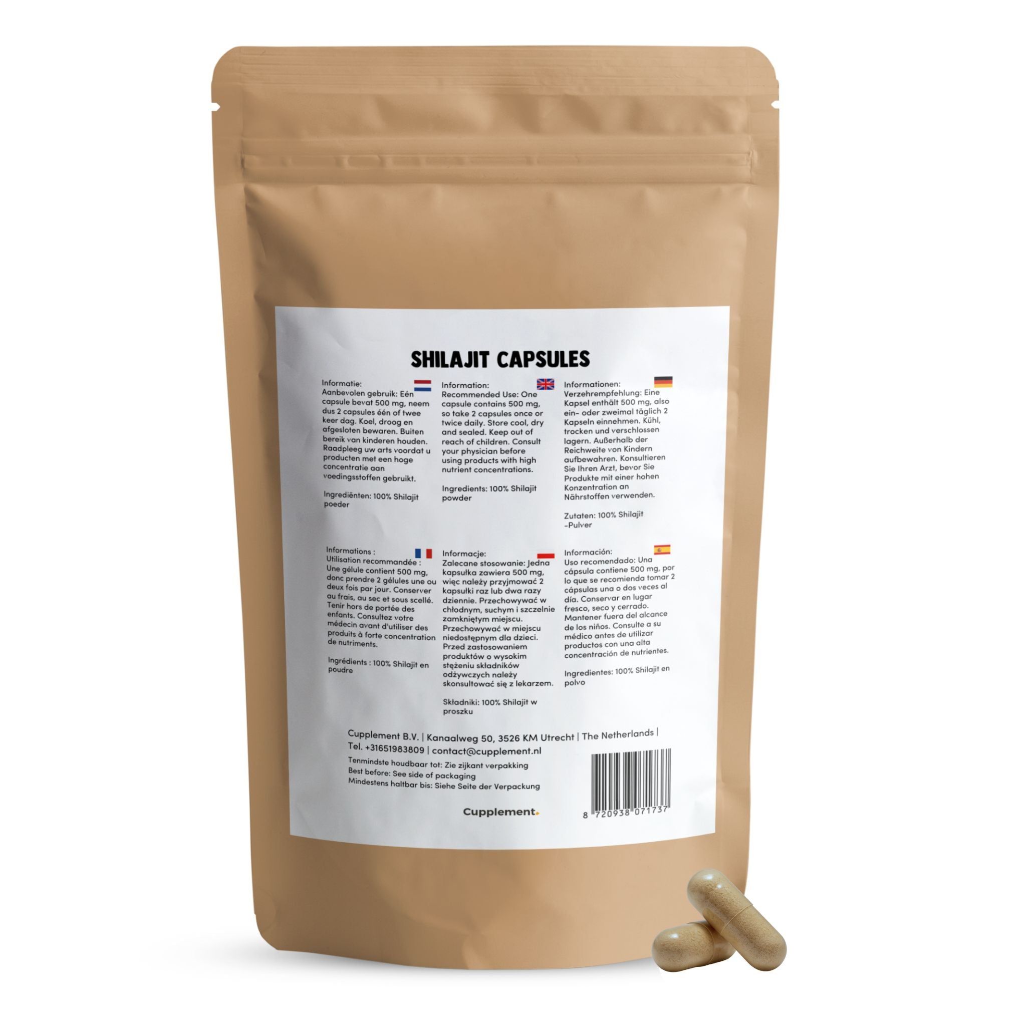 Beige Beutel mit Produktinformationen und Kapseln. Text: Shilajit Capsules. Mehrsprachige Informationen. Zwei Kapseln liegen daneben.