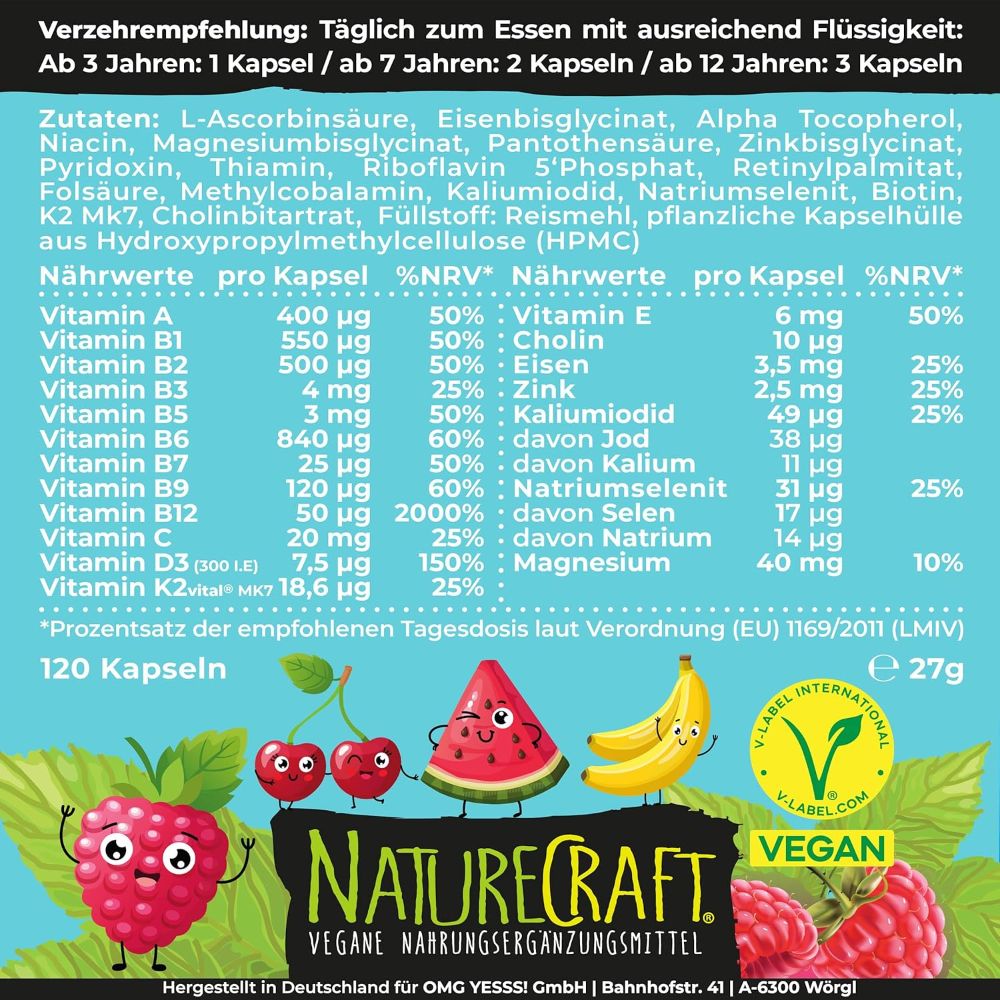 Verpackung mit Nährwertangaben und Zutatenliste für NatureCraft vegane Nahrungsergänzungsmittel, 120 Kapseln.