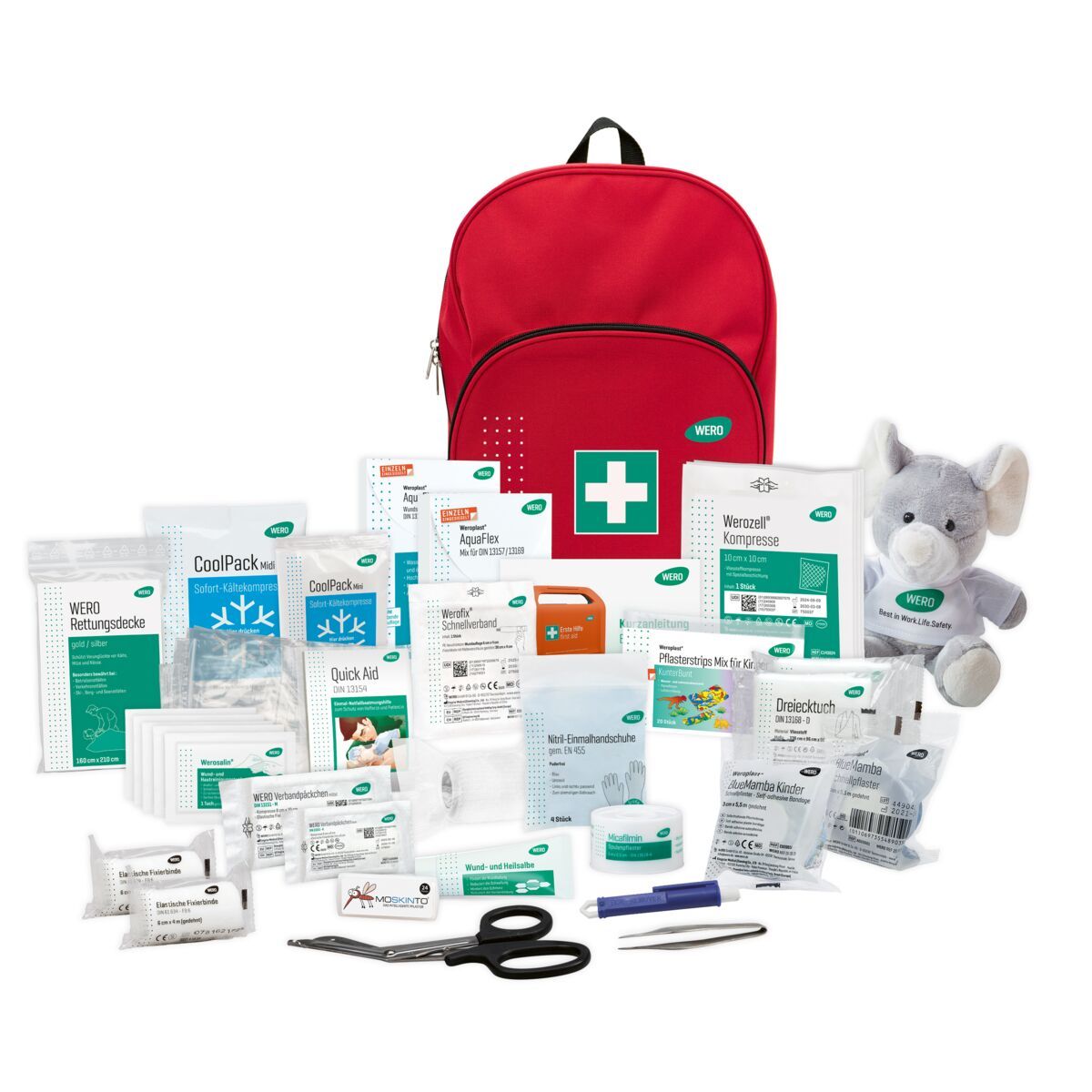 Roter Erste-Hilfe-Rucksack mit umfangreicher Sanitätsausstattung, inklusive Kühlpacks, Verbandsmaterial und Plüschtier.