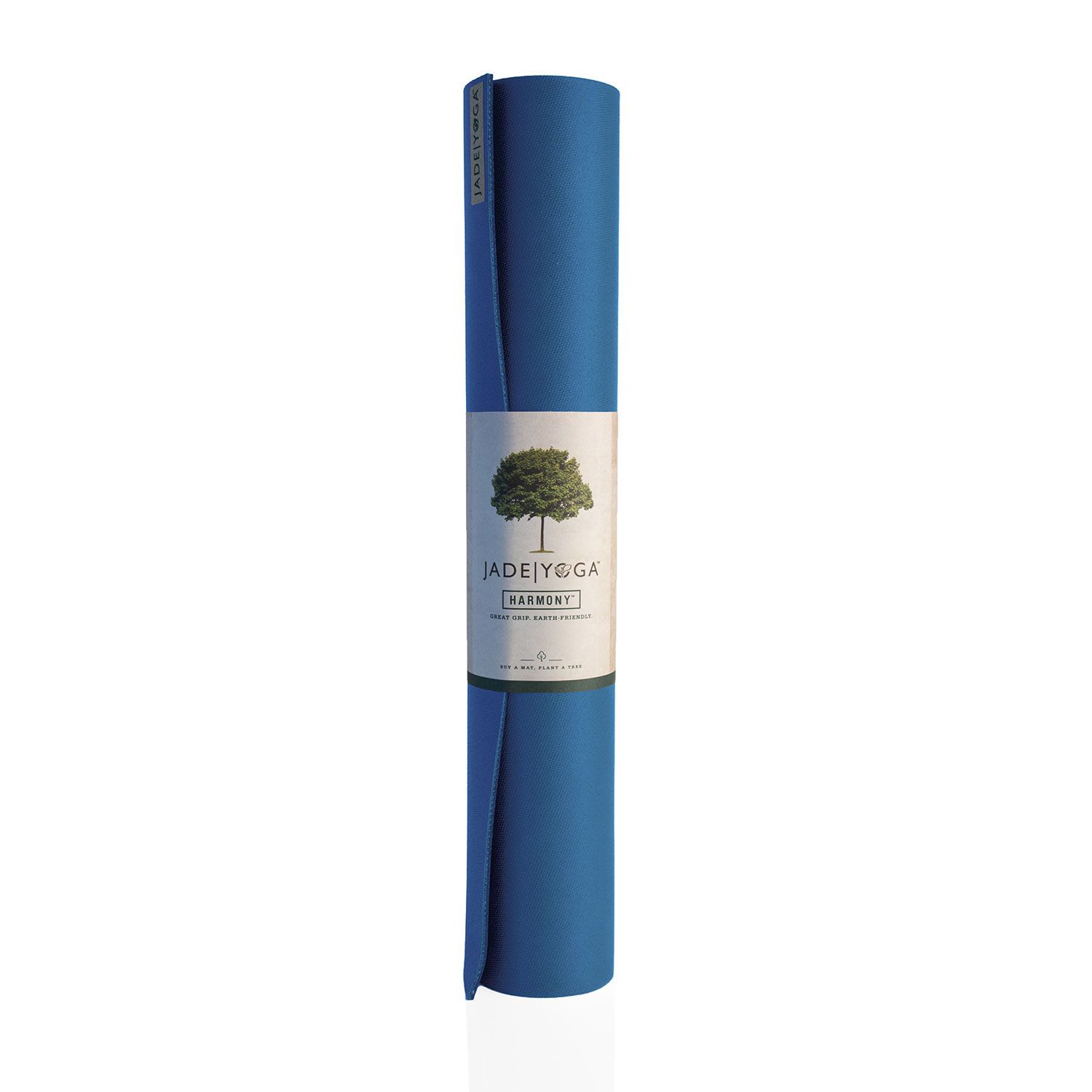 Gerollte Yogamatte Jade Harmony, blau. Etikett mit Logo und Produktname. Aufgerollt, bereit zur Verwendung.