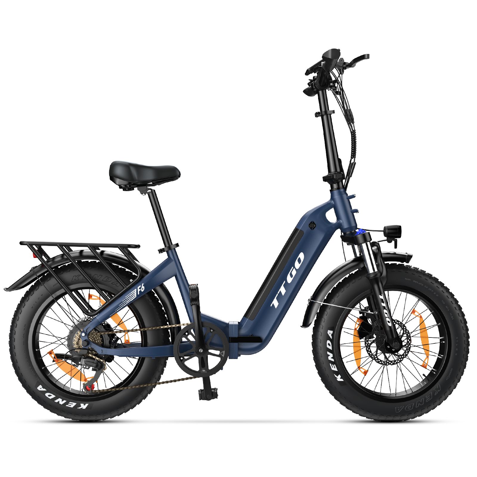 Faltbares E-Bike, dunkelblau. Schwarze Reifen mit Kenda-Schriftzug. Gepäckträger, Sattel, Schutzbleche. TTGO-Logo.