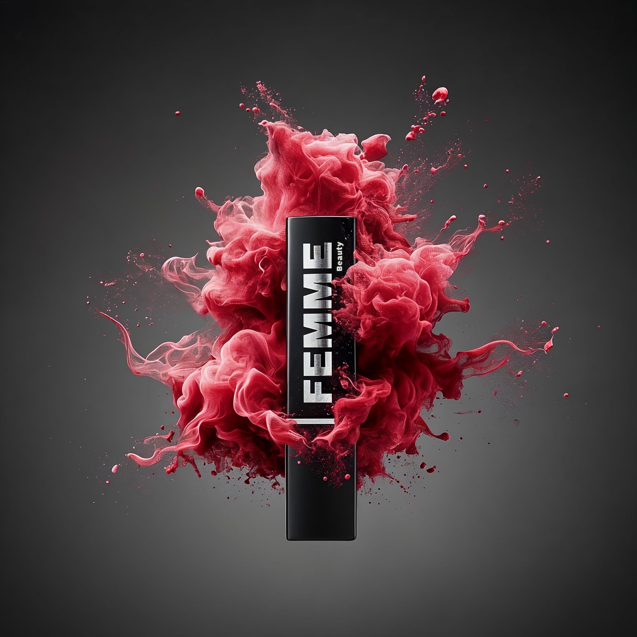 FEMME Visionary Satin Lipstick in einem roten Farbspritzer.