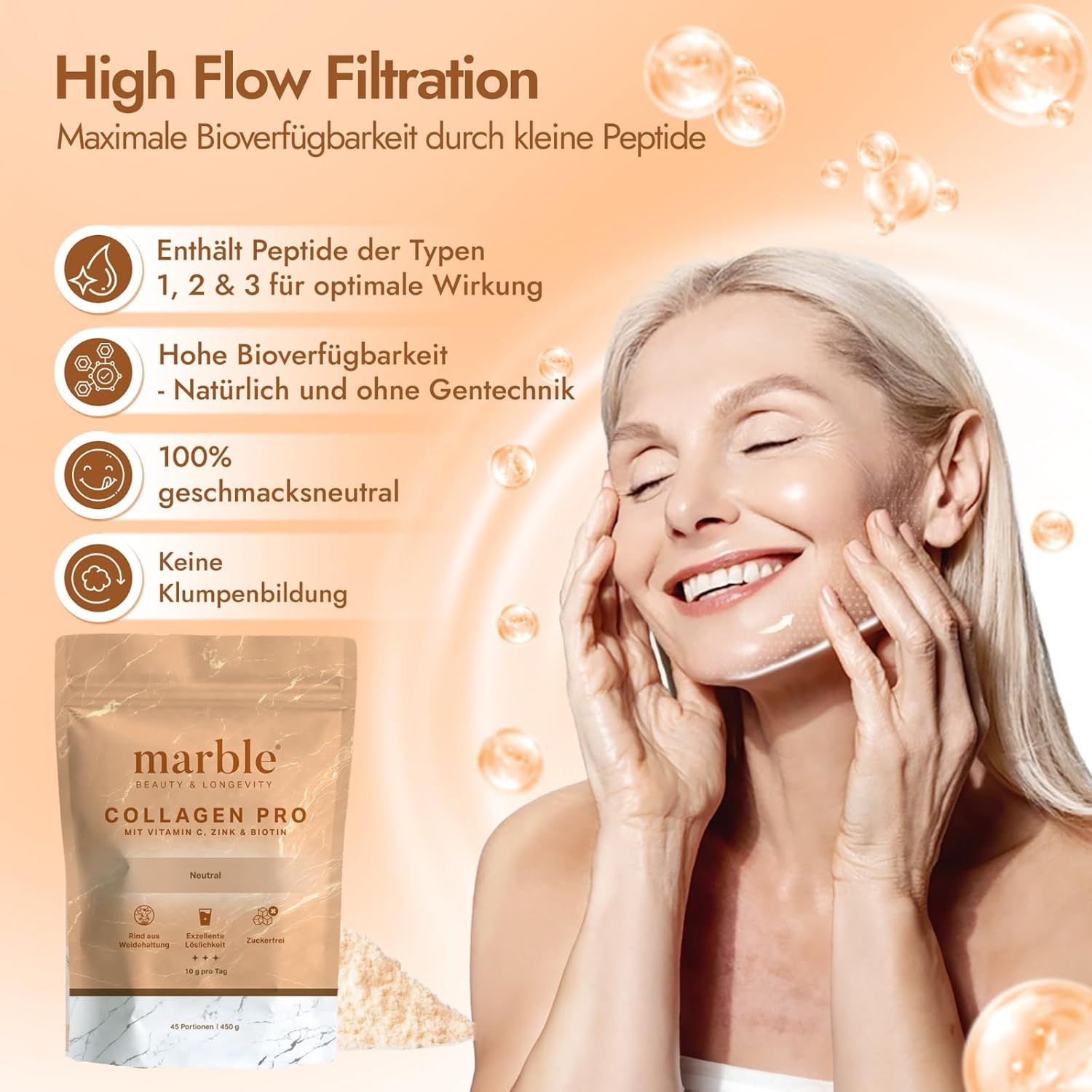 Marmelade Collagen Pro Beutel mit Hervorhebung von Peptiden, Bioverfügbarkeit und Geschmack.