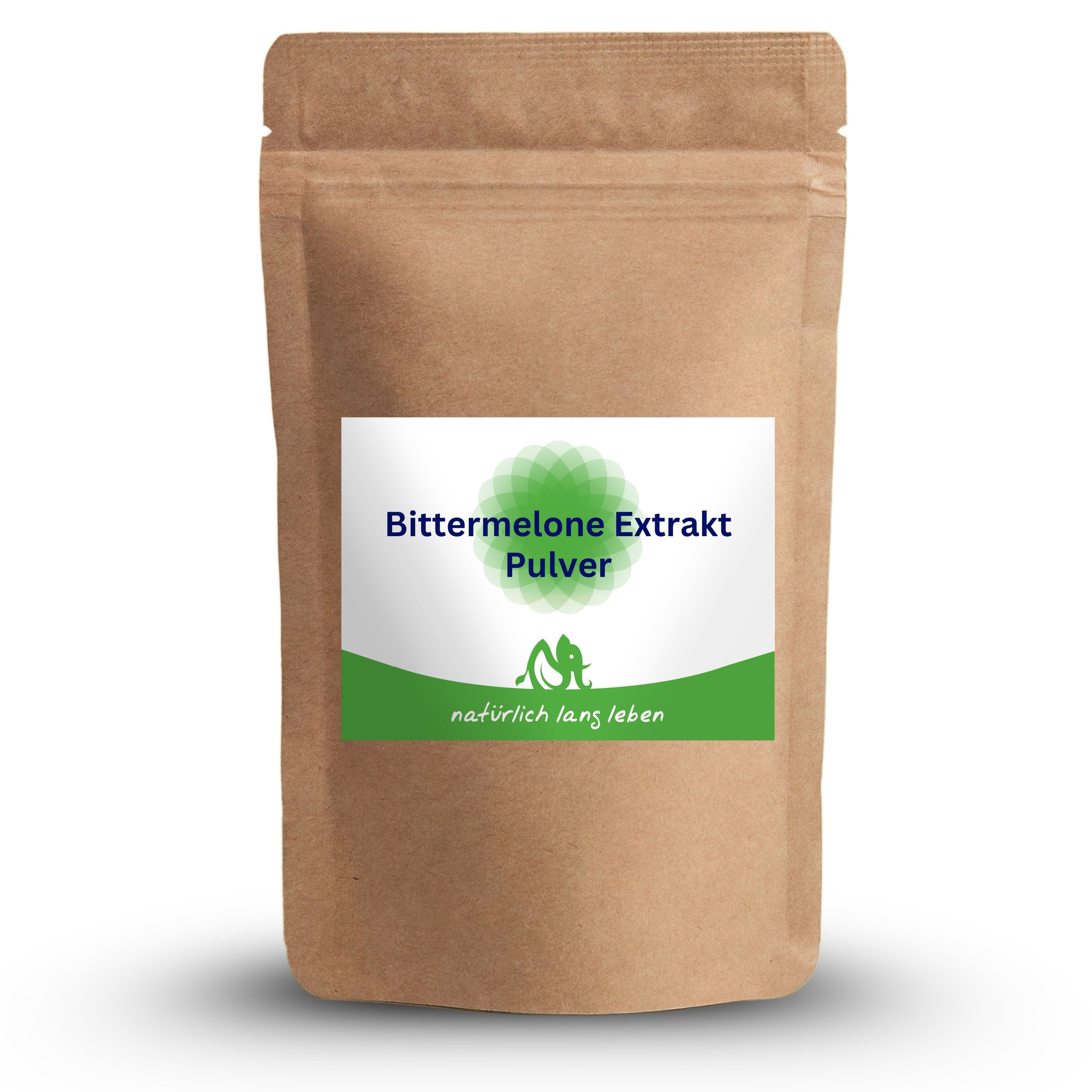 Braune Tüte mit weißem Etikett. Aufschrift: Bittermelone Extrakt Pulver. Logo: grünes Blatt. Text: natürlich lang leben.