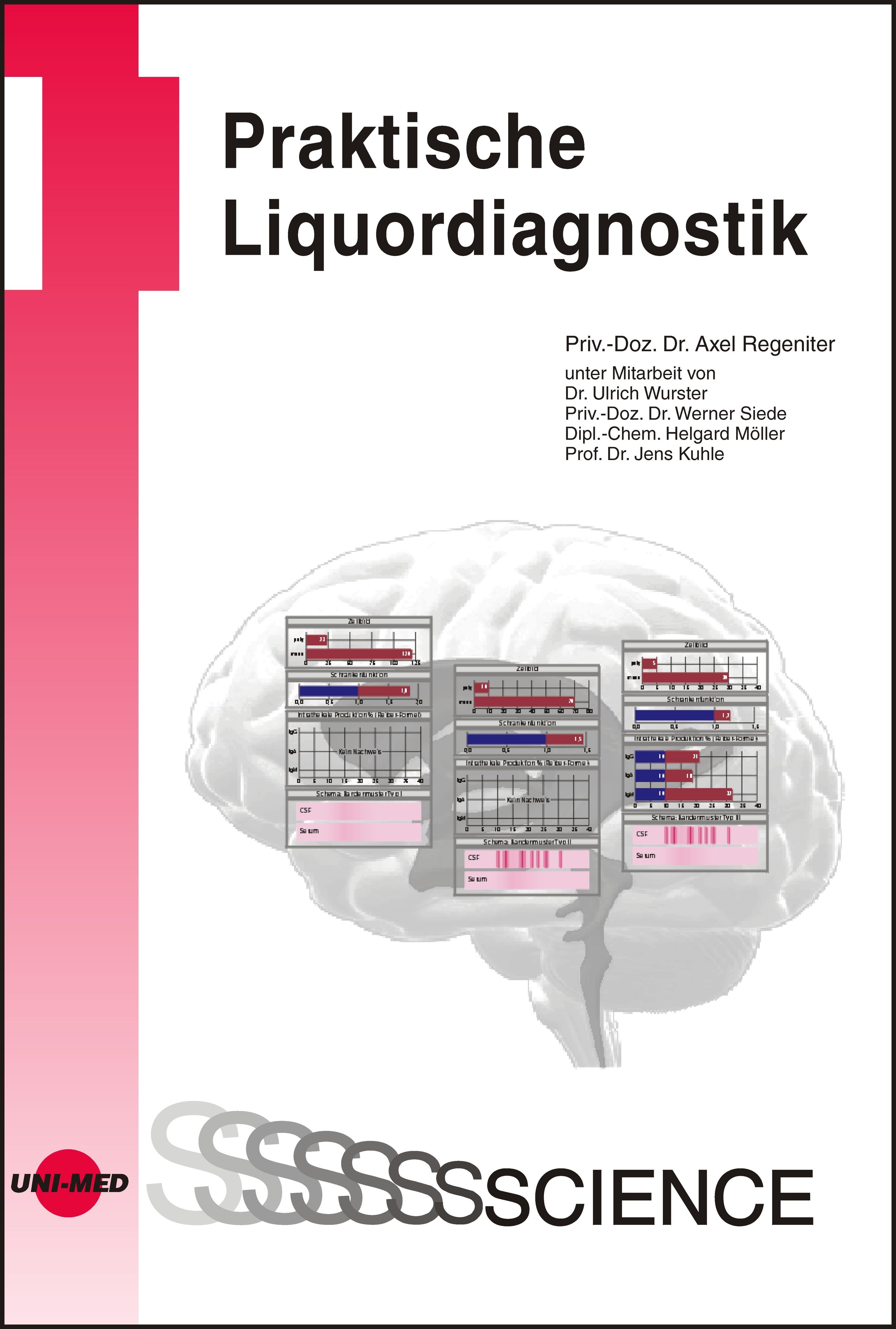 Buchcover: Praktische Liquordiagnostik. Titel, Autoren, Diagramme und ein Gehirn-Illustration. Logo: Uni-Med.