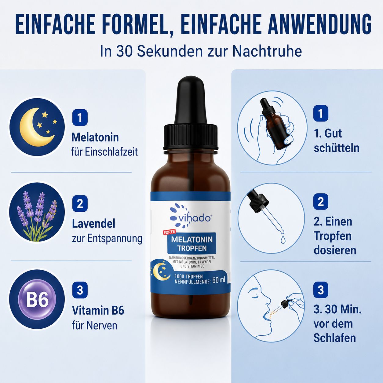 Vihado Melatonin Tropfen Flasche mit Icons für Melatonin, Lavendel und Vitamin B6.