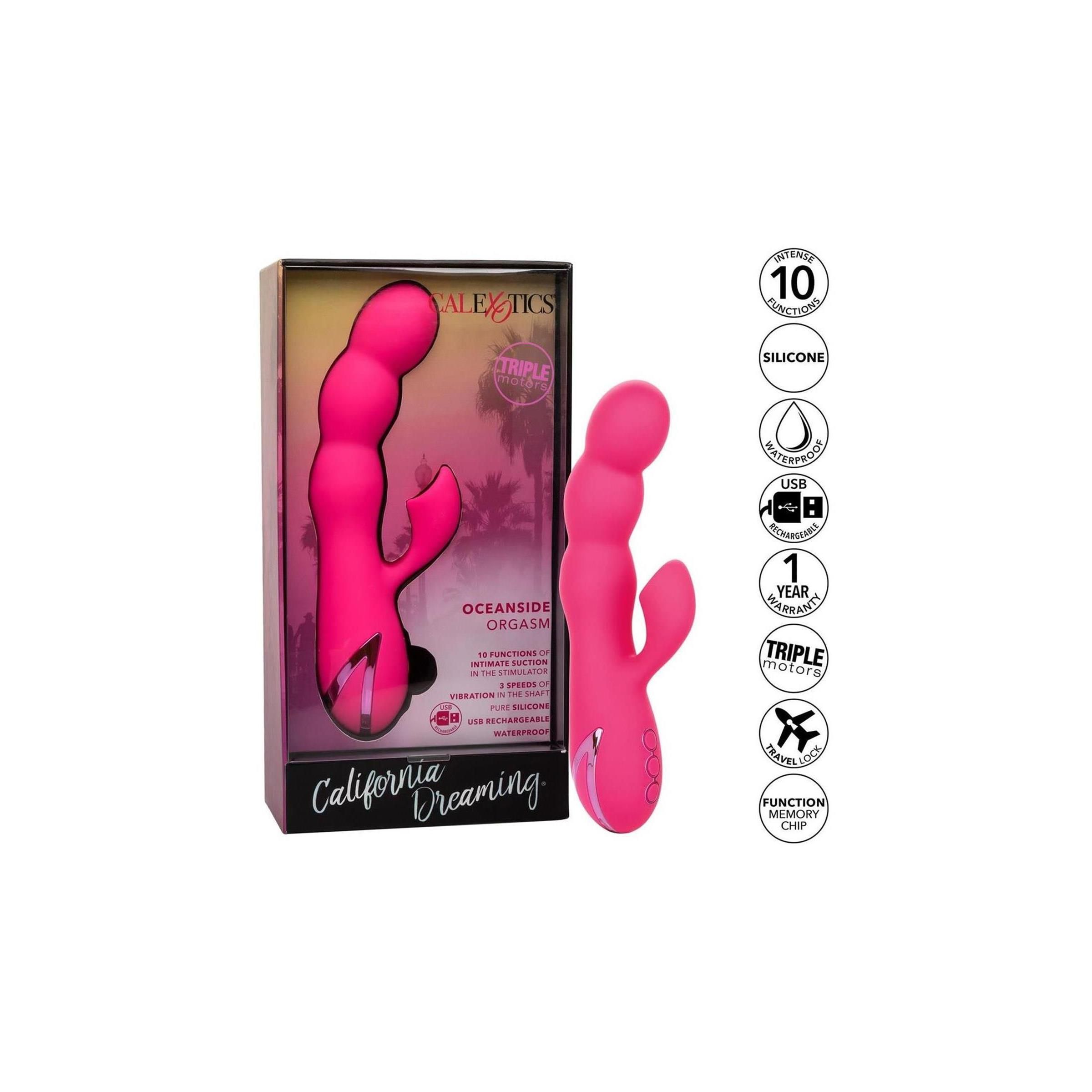 Pinkfarbenes Wellness-Produkt in Verpackung. Text: Oceanside Orgasm, California Dreaming. Mehrere Symbole.