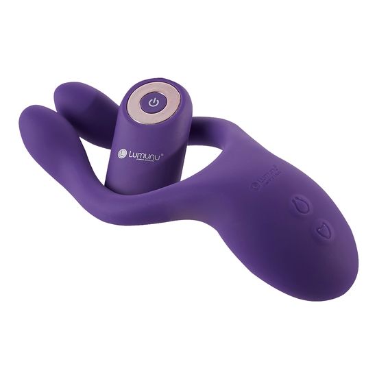 Lila Paarvibrator mit Fernbedienung. Mit Lumunu-Logo. Zwei gebogene Arme und ein zylindrischer Teil mit Knöpfen.