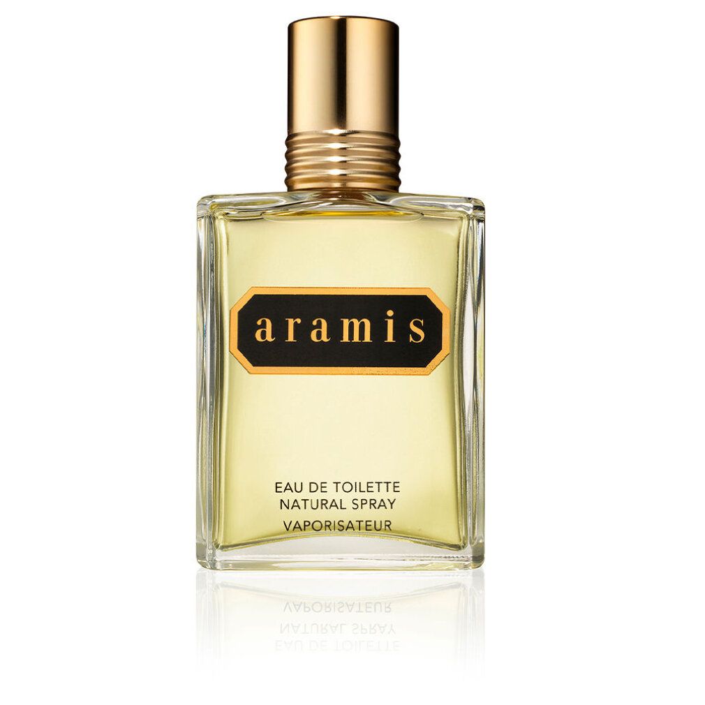 Aramis Classic Edt Spray. Rechteckiger Flakon mit goldfarbenem Verschluss. Text: Aramis, Eau de Toilette Natural Spray, Vaporisateur.
