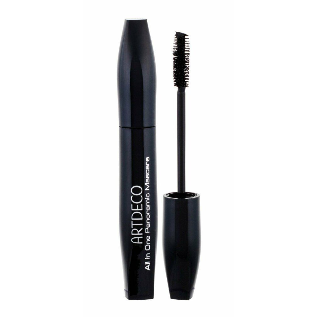 Schwarze Mascara-Tube mit Bürste. Auf der Tube steht "ARTDECO All in One Panoramic Mascara".