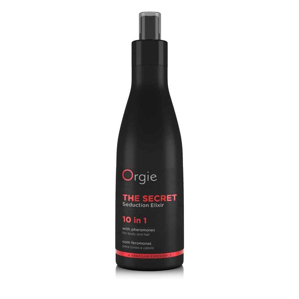 Schwarze Flasche mit Sprühkopf. Text: Orgie, The Secret Seduction Elixir, 10 in 1.