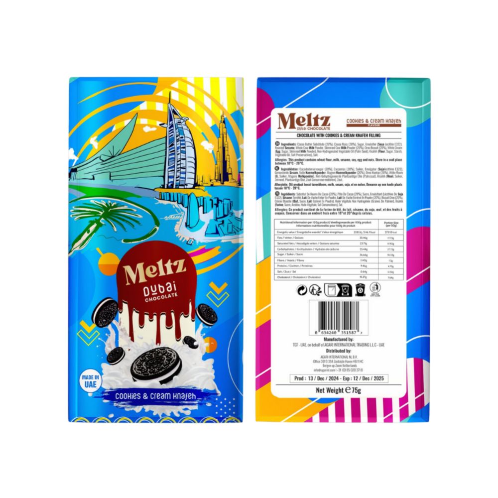 Meltz Dubai Schokolade – Cookies & Cream mit Knafeh-Füllung