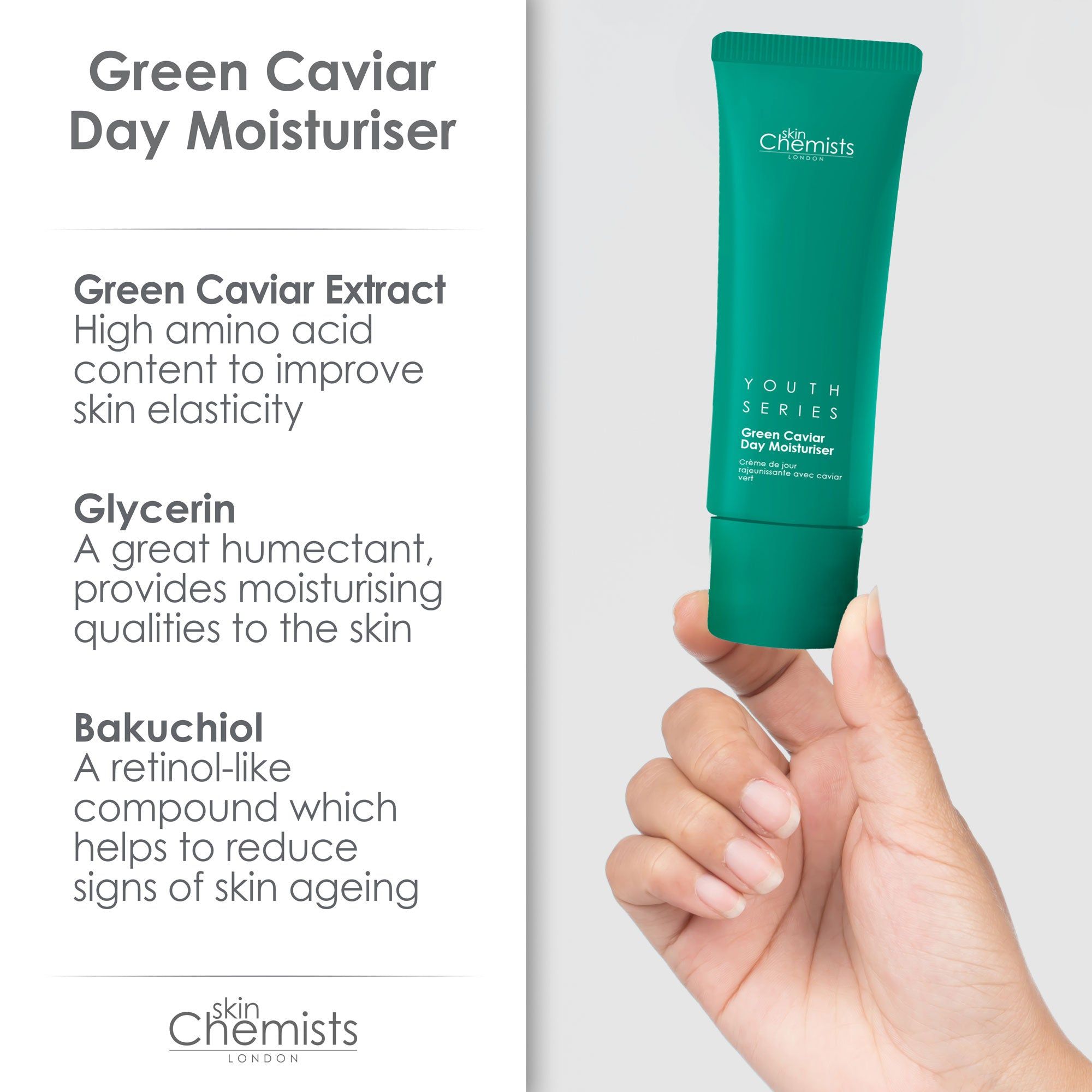 Hand hält grüne Tube. Text: Green Caviar Day Moisturiser, skinChemists, Inhaltsstoffe.