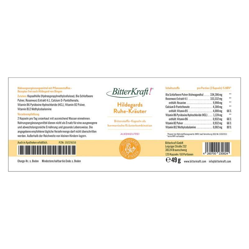 Weißes Etikett mit Produktinformationen. Enthält Inhaltsstoffe, Dosierung und Herstellerinformationen. "BitterKraft! Hildegards Ruhe-Kräuter" lesbar.