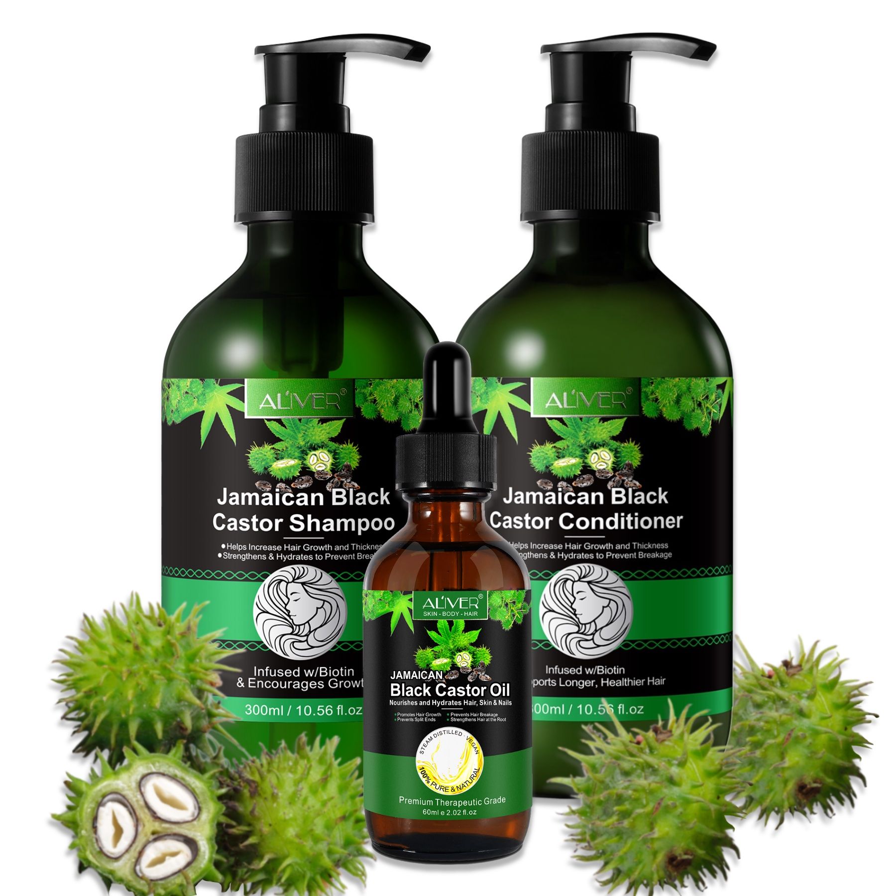 ALIVER Haarpflege-Set Rizinus Shampoo Conditioner Haaröl für Haarwachstum