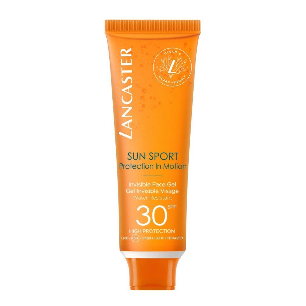 Orange Tube Lancaster Sun Sport Invisible Face Gel SPF30. Vegan-Formel. Wasserfest.