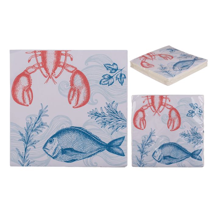 Servietten mit Hummer, Fisch und Meeresmotiven. Mehrere Ansichten: flach, gefaltet und in Packung.