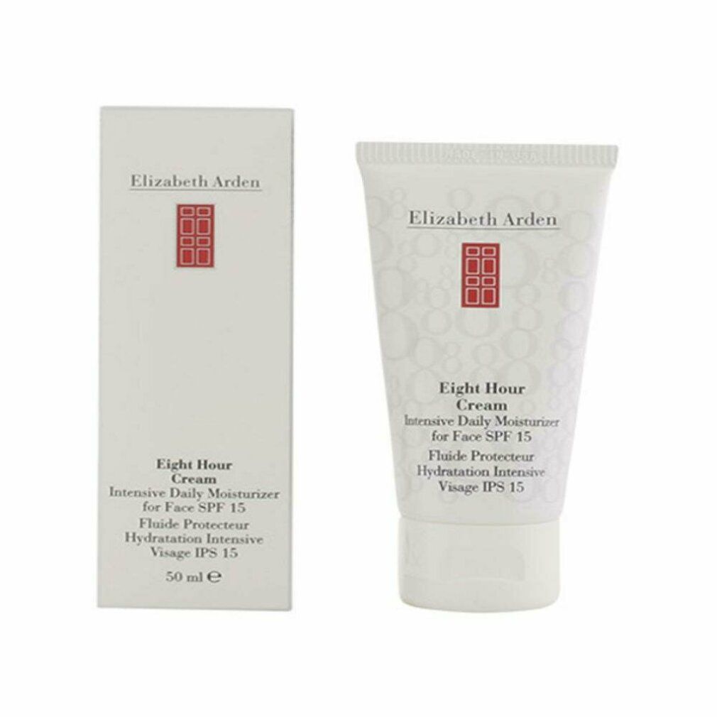 Elizabeth Arden Eight Hour Cream Tube und Schachtel. Weiße Verpackung. Text: Intensive Daily Moisturizer for Face SPF 15.