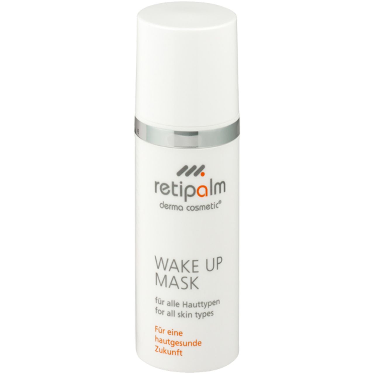 Weiße Flasche mit silbernem Ring und Aufschrift Retipalm Wake Up Mask. Für alle Hauttypen. Dermo cosmetic.