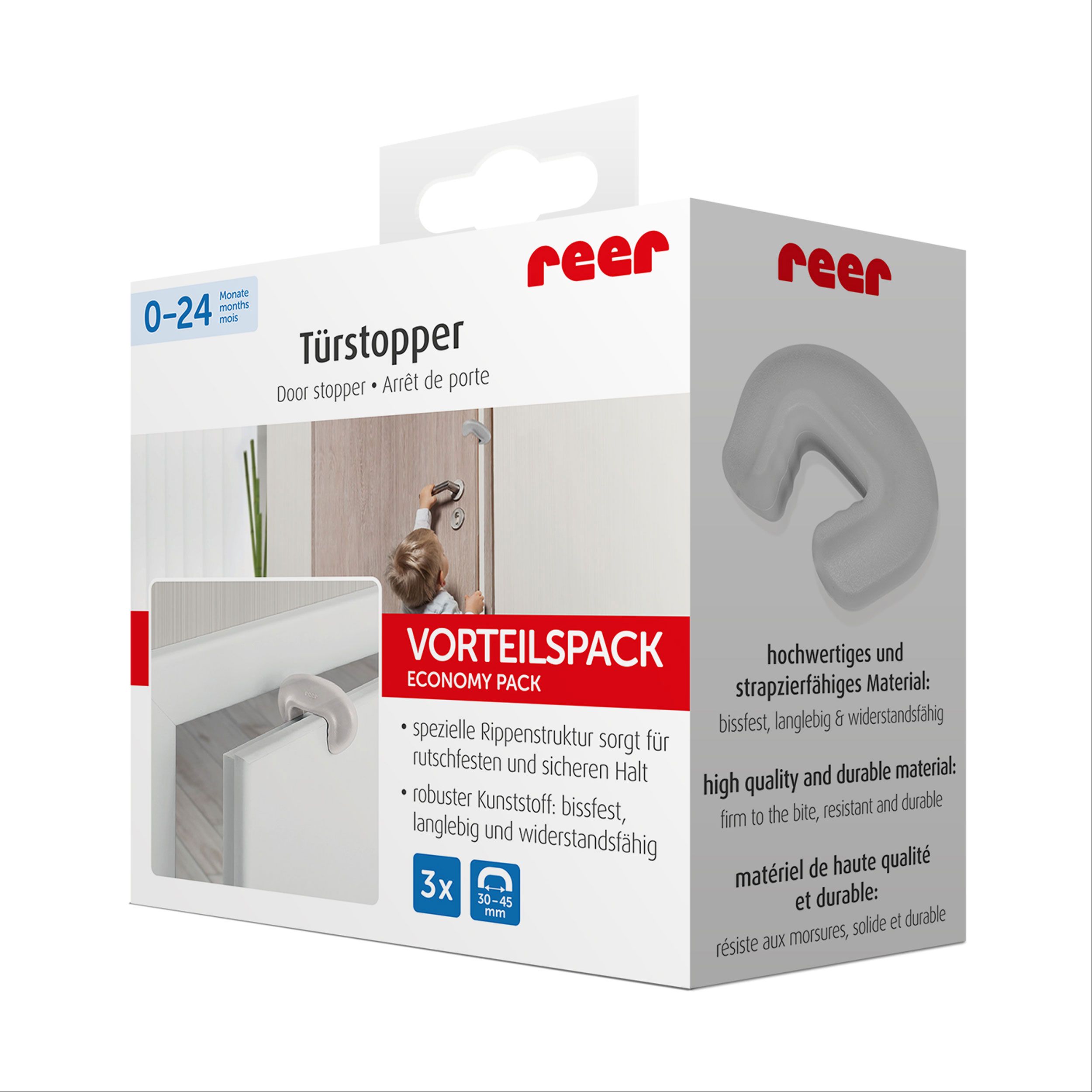 Verpackung mit drei Türstoppern. Text: Türstopper, Economy Pack, 0-24 Monate. Logo: reer. Produktabbildung.