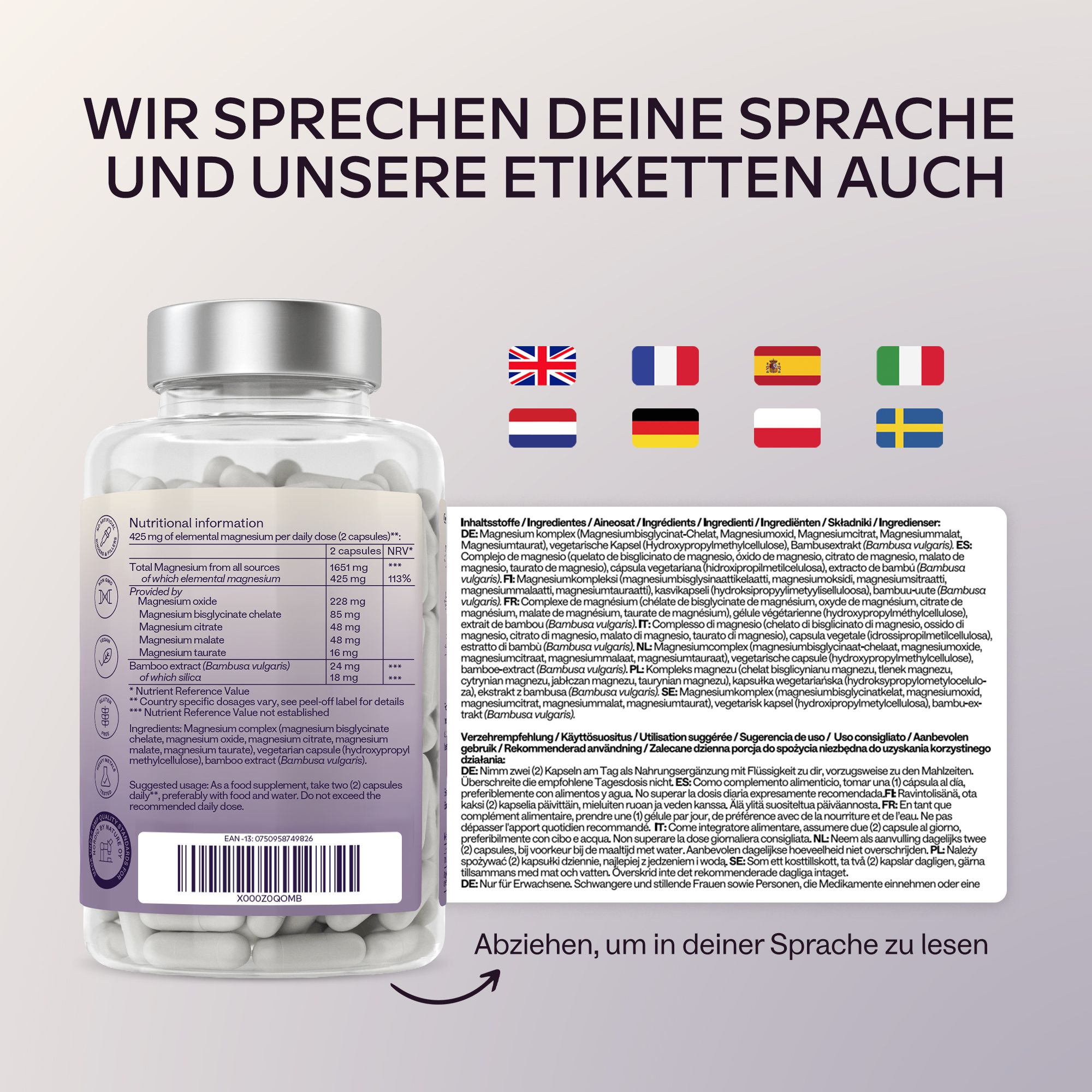 Flasche mit Kapseln und Text. Enthält Informationen über die Vorteile des Produkts und die Inhaltsstoffe.