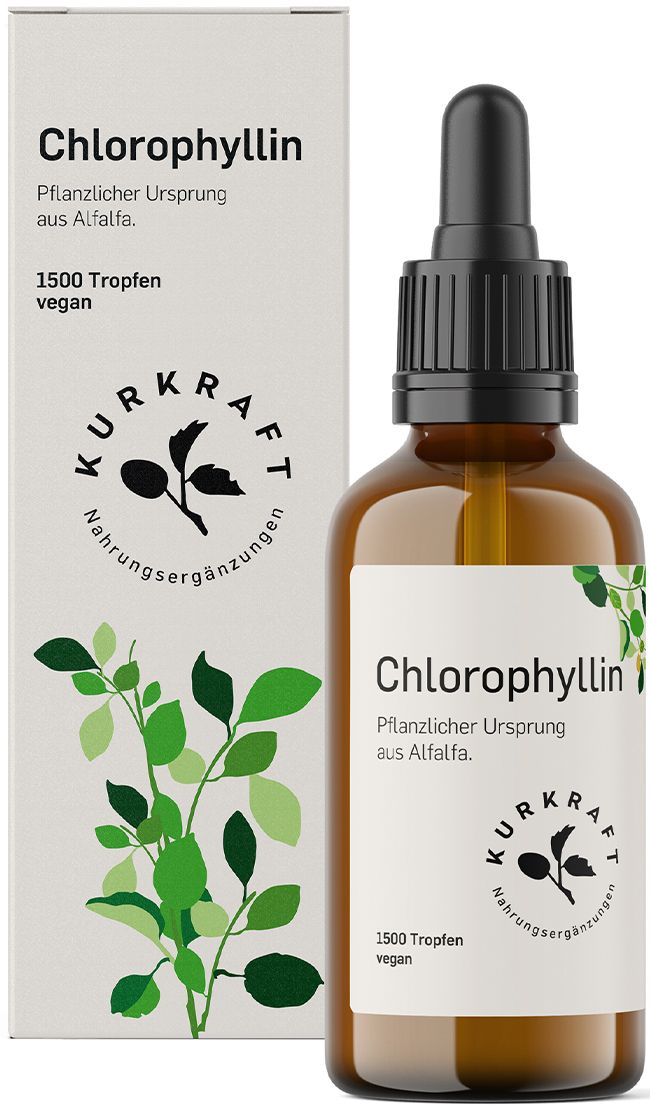 Produktverpackung und Flasche. Text: Chlorophyllin, 1500 Tropfen, vegan. Text: Kurkraft.