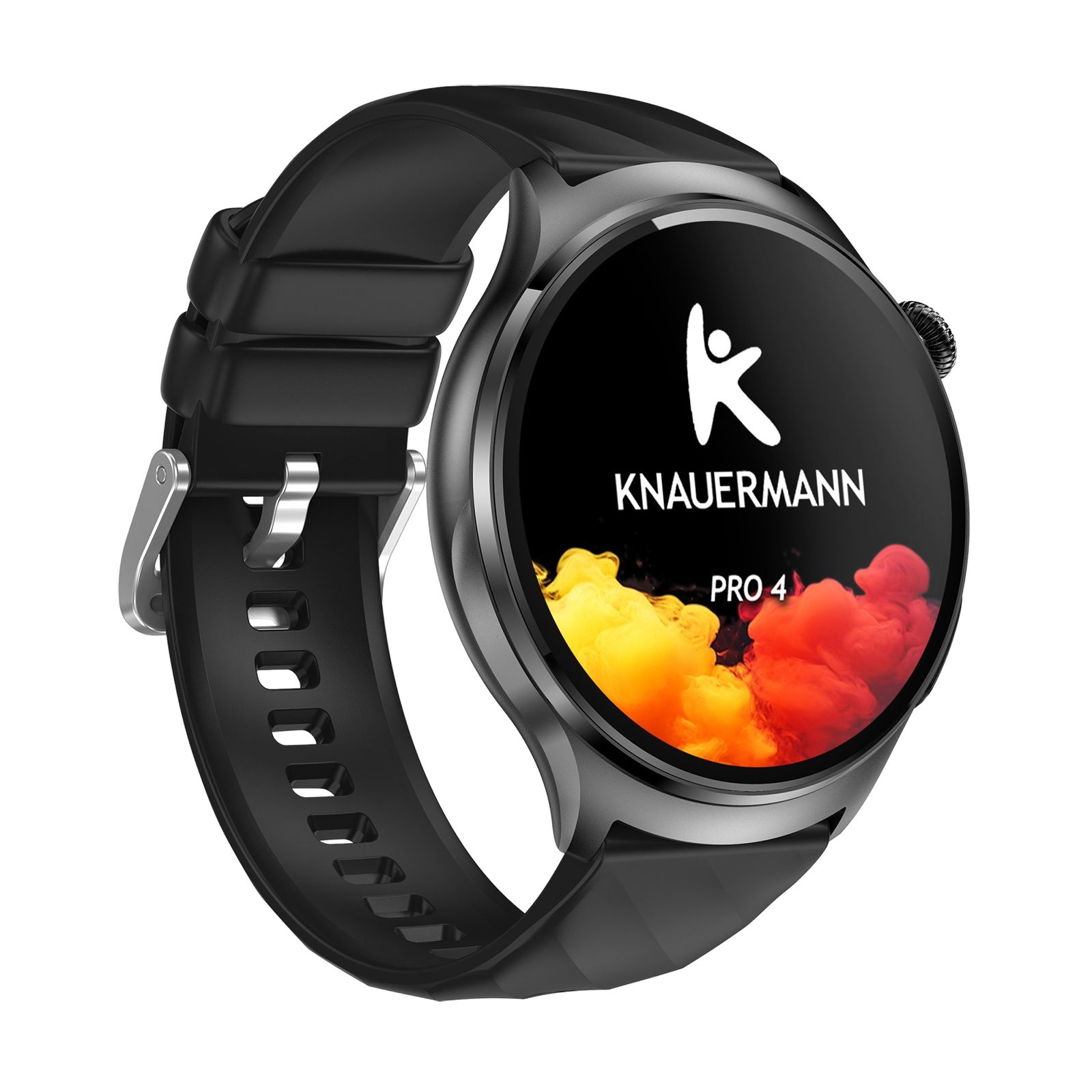 Schwarze Smartwatch Knauermann PRO 4 mit rundem Zifferblatt. Logo und Produktname sichtbar. Schwarzes Armband.