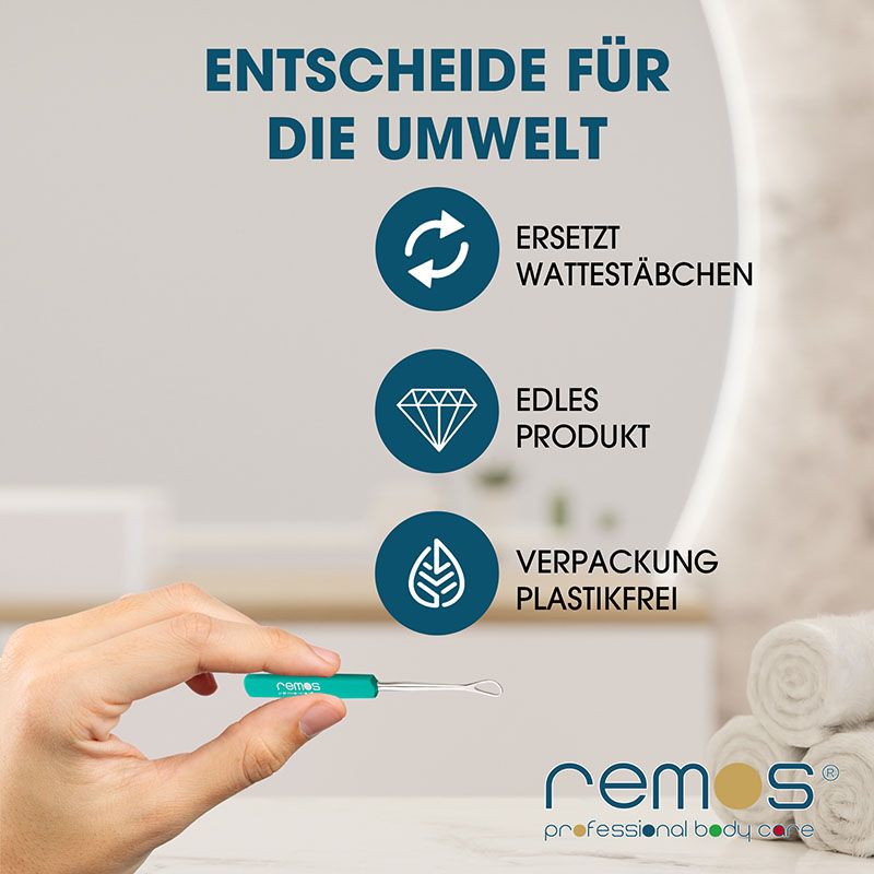 Hand hält Ohrenschlinge. Text: Ersetzt Wattestäbchen, edles Produkt, plastikfreie Verpackung. Marke: remos.