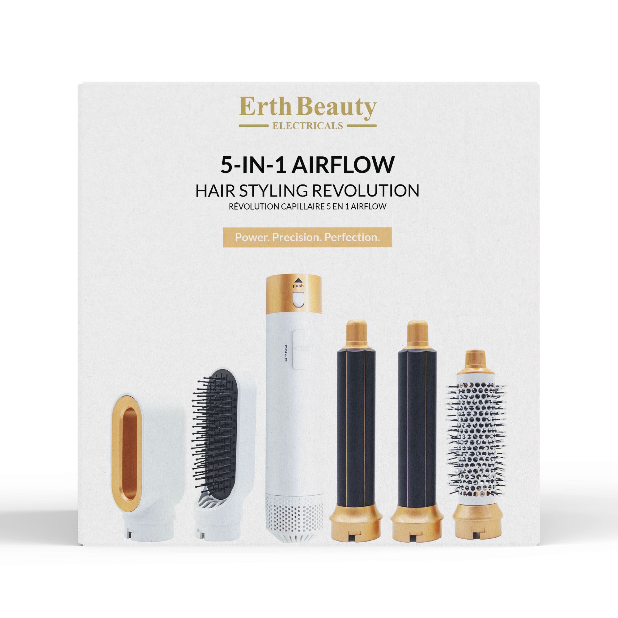 Produktverpackung mit Erth Beauty 5-in-1 Airflow Haarstyling Revolution. Enthält Gerät und Aufsätze. Text: Power, Precision, Perfection.
