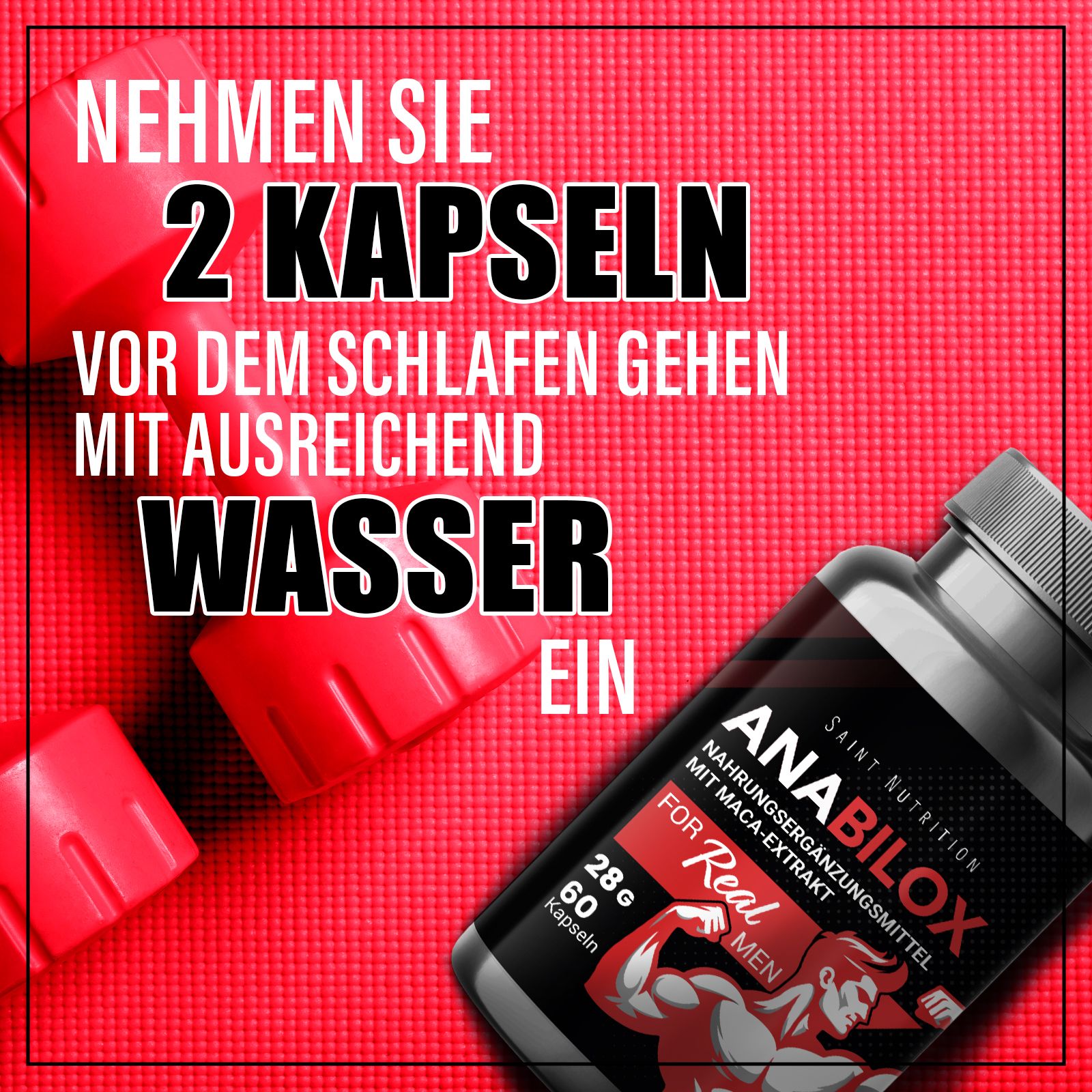 Produktflasche und rote Kapseln auf rotem Hintergrund. Aufschrift: ANA-BILOX, Nahrungsergänzungsmittel mit Maca-Extrakt. 28g, 60 Kapseln. Einnahmeempfehlung.