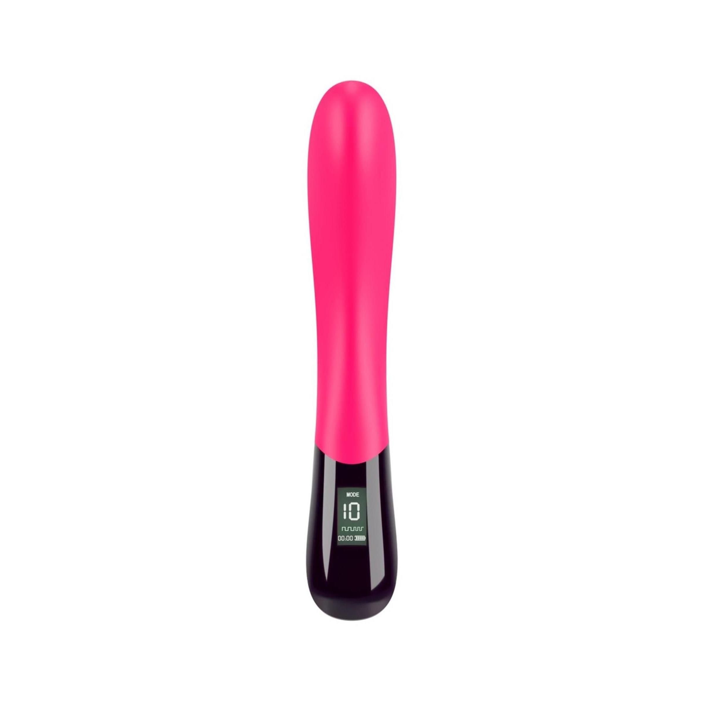 Pinkfarbener Vibrator mit schwarzem Ende und Display. Zeigt die Intensität an. Auf weißem Hintergrund.