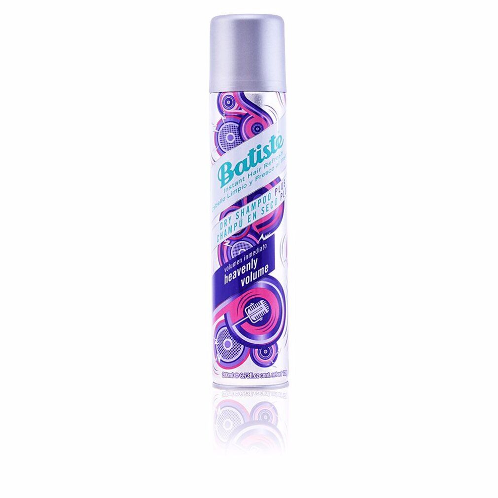 Trockenshampoo-Spraydose. Silberner Deckel, lila-weißes Muster. Text: Heavenly Volume.