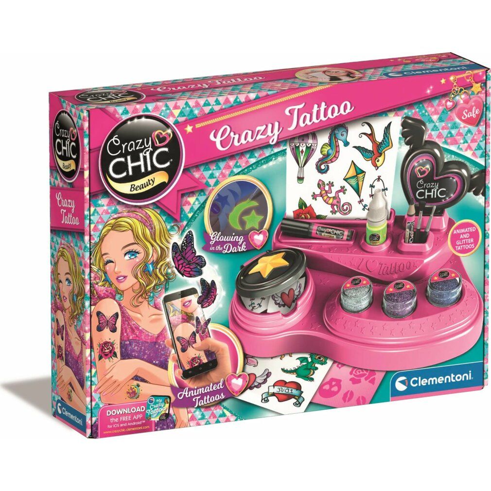Verpackung von Crazy Chic Crazy Tattoo. Rosa Set mit Zubehör, Glitzer, Schablonen und Aufklebern. Clementoni.