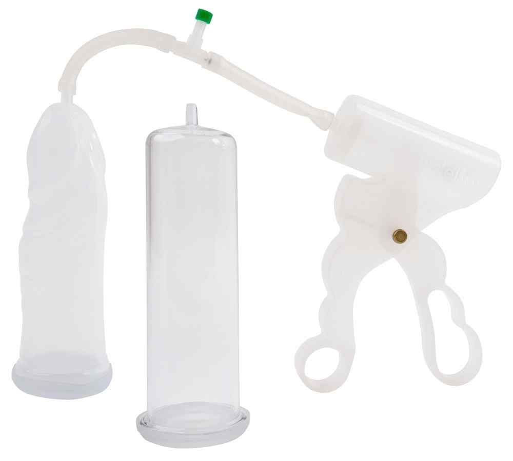 Set di pompe per il pene. Besteht aus transparenten Zylindern, einem Griff mit Pumpe und einem Schlauch. Mit grünem Ventil.