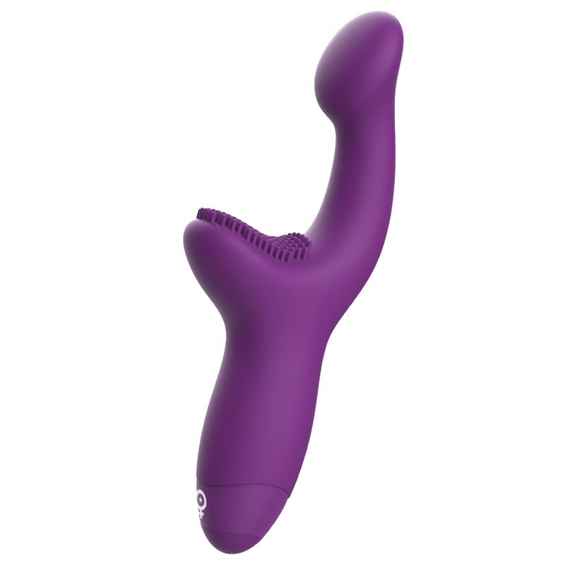 Lila Vibrator mit gebogener Form. Oberteil mit Noppen. Unterteil mit Symbol. Glatte Oberfläche.