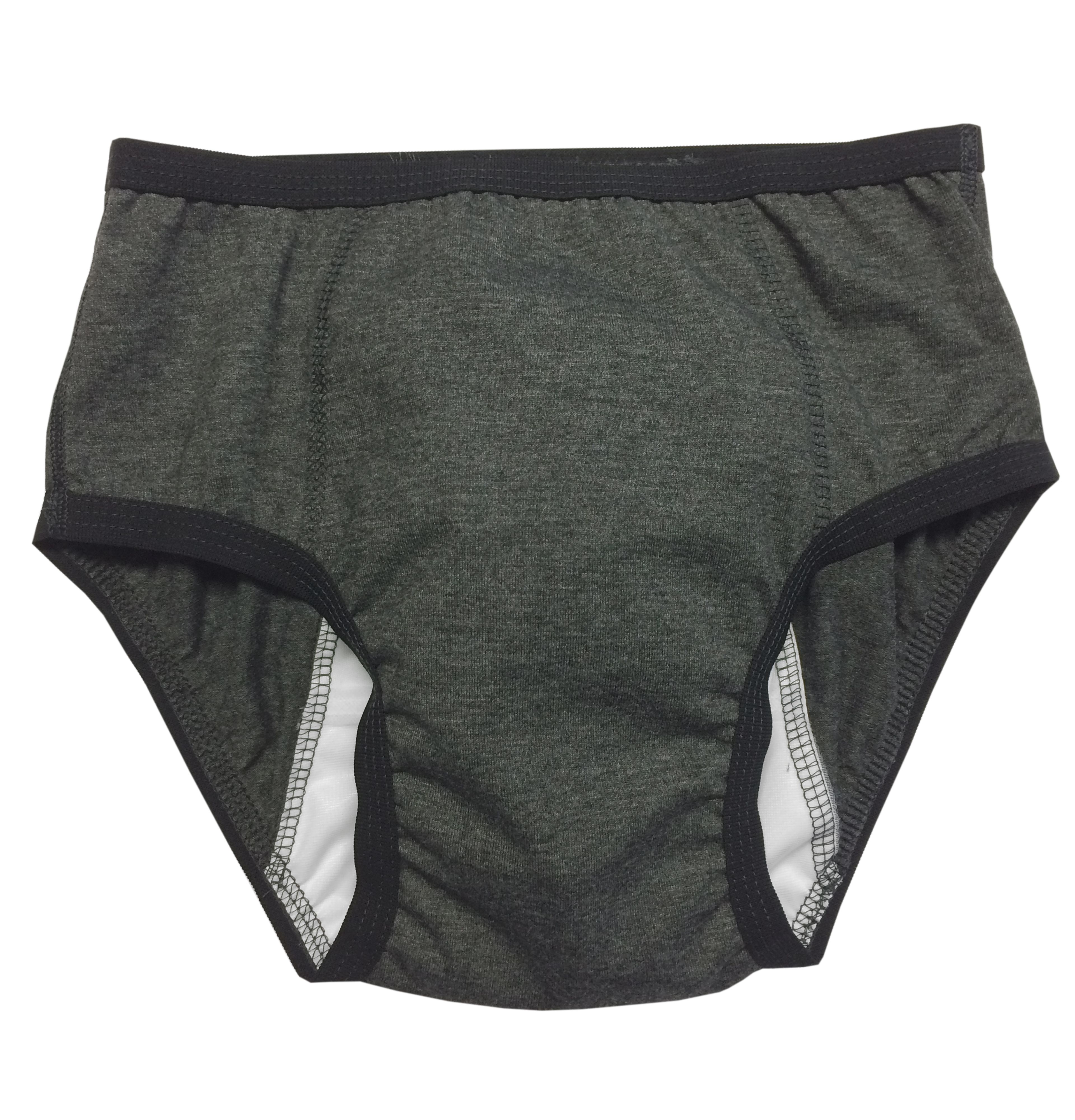 Graue Kinder-Slip mit schwarzem Bund und Beinabschlüssen. Innen weißes Material sichtbar.