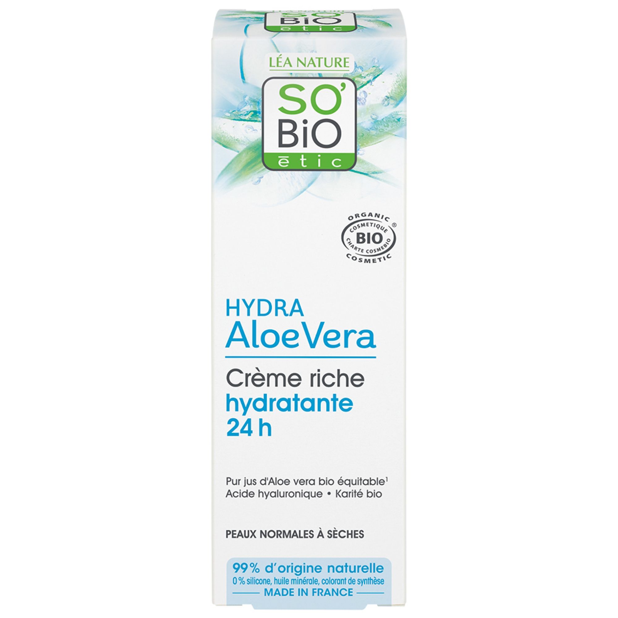 So'Bio étic Hydra AloeVera reichhaltige Feuchtigkeitscreme 24h für normale bis trockene Haut. 99% natürliche Inhaltsstoffe.