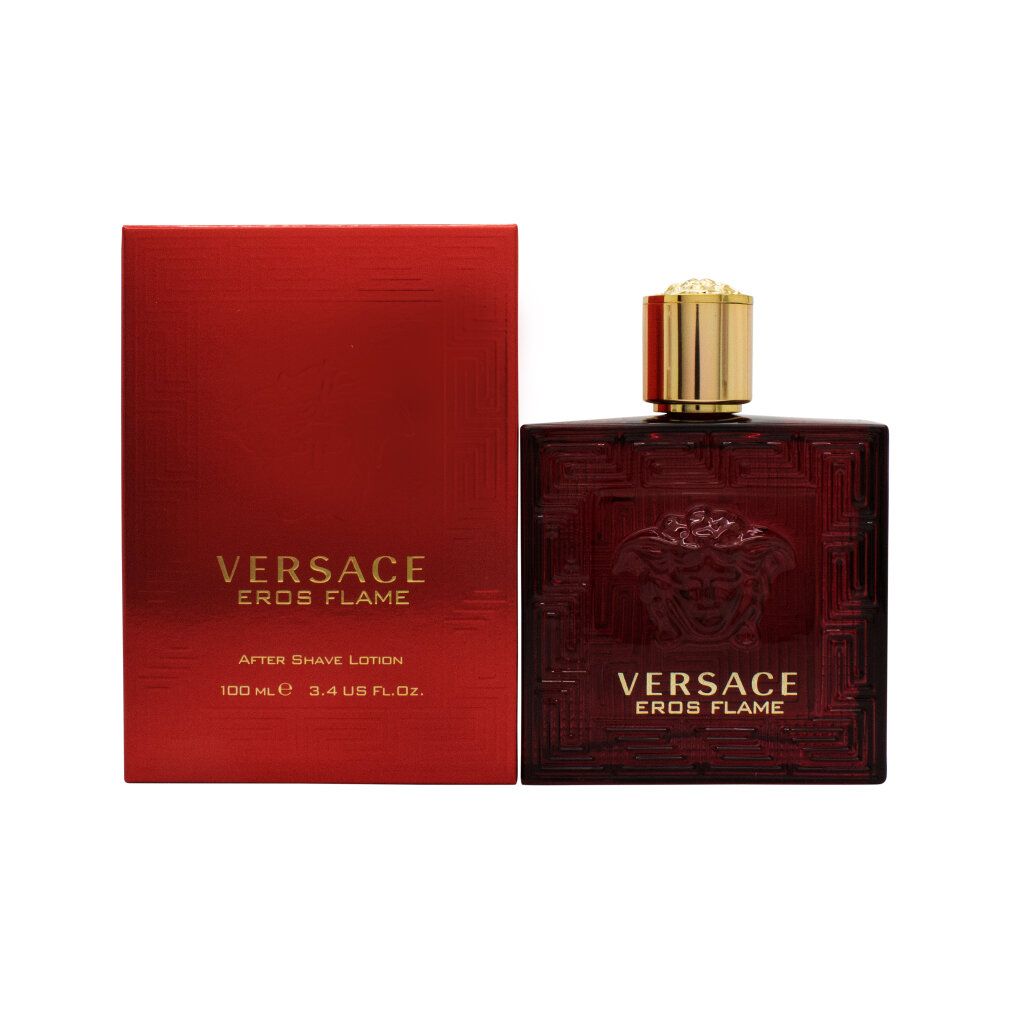 Versace Eros Flame After Shave Lotion Flakon und Verpackung, rot.