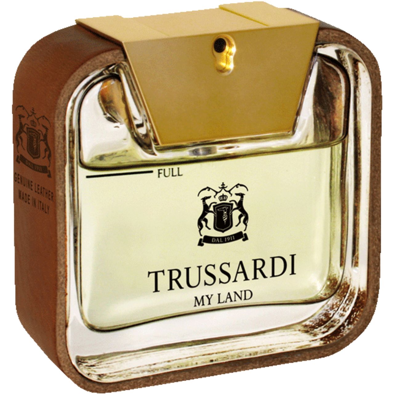 Trussardi My Land Eau de Toilette Flakon mit braunem Leder.