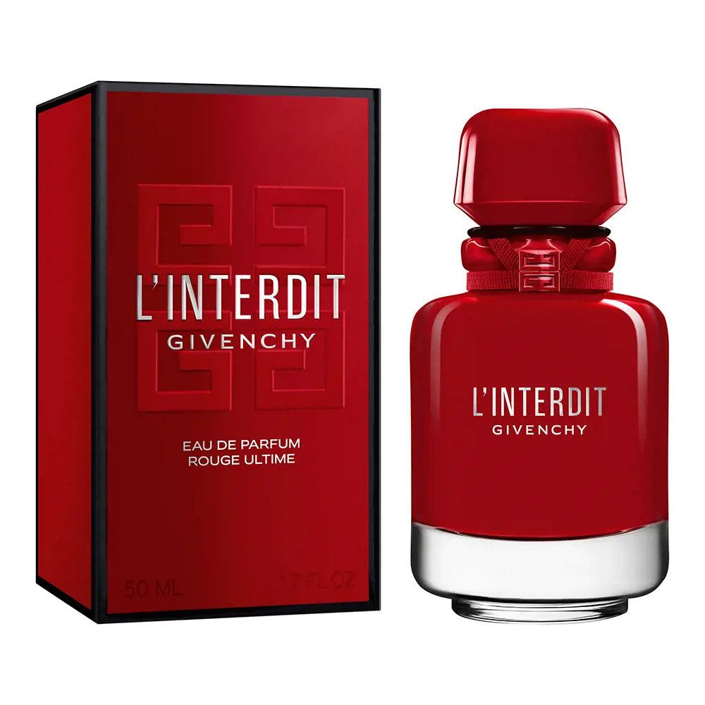 Roter Flakon mit roter Verpackung. Aufschrift: L'Interdit Givenchy, Eau de Parfum Rouge Ultime. Flakon mit silbernem Boden.