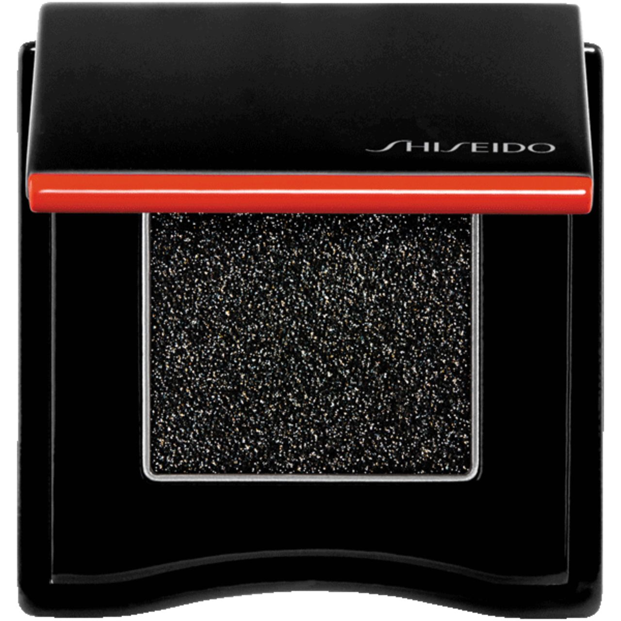 Schwarzer Lidschatten in quadratischer, schwarzer Kompaktverpackung mit rotem Akzent und Shiseido-Logo.