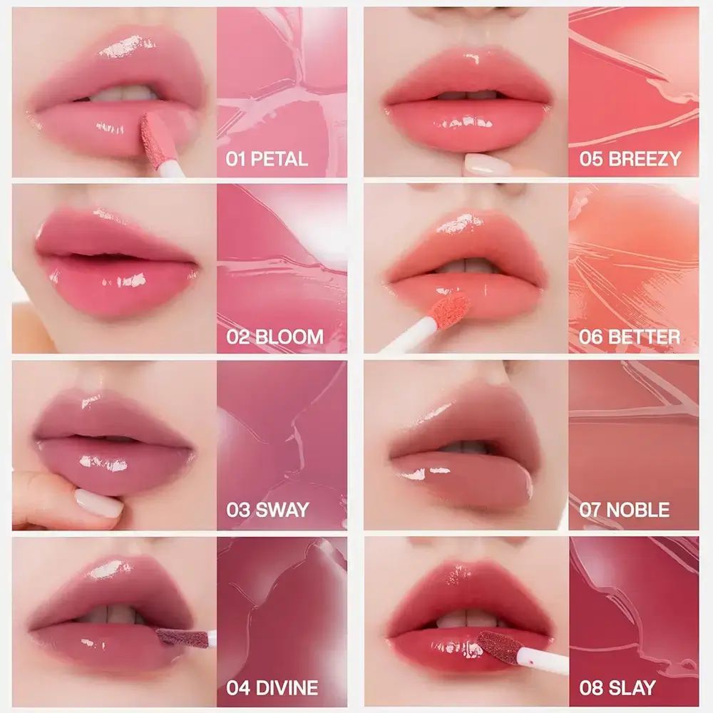 Kollage von Lippen mit verschiedenen Farbtönen des Icy Glow Lippenstifts. Jede Farbe wird auf geöffneten Lippen gezeigt, mit einem Applikator.