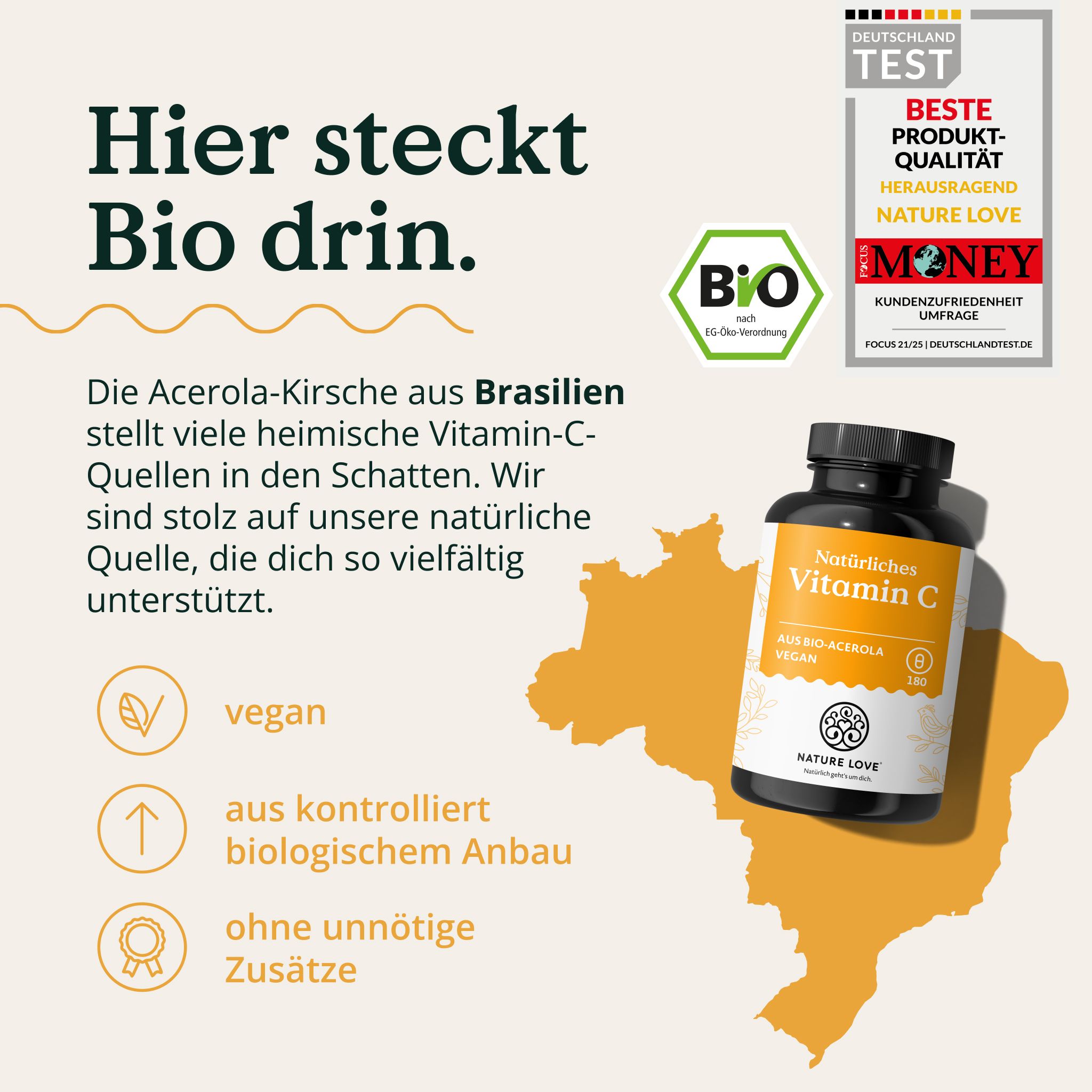 NATURE LOVE® Natürliches Vitamin C aus Bio Acerola Extrakt - Hochdosiert - 180 Kapseln