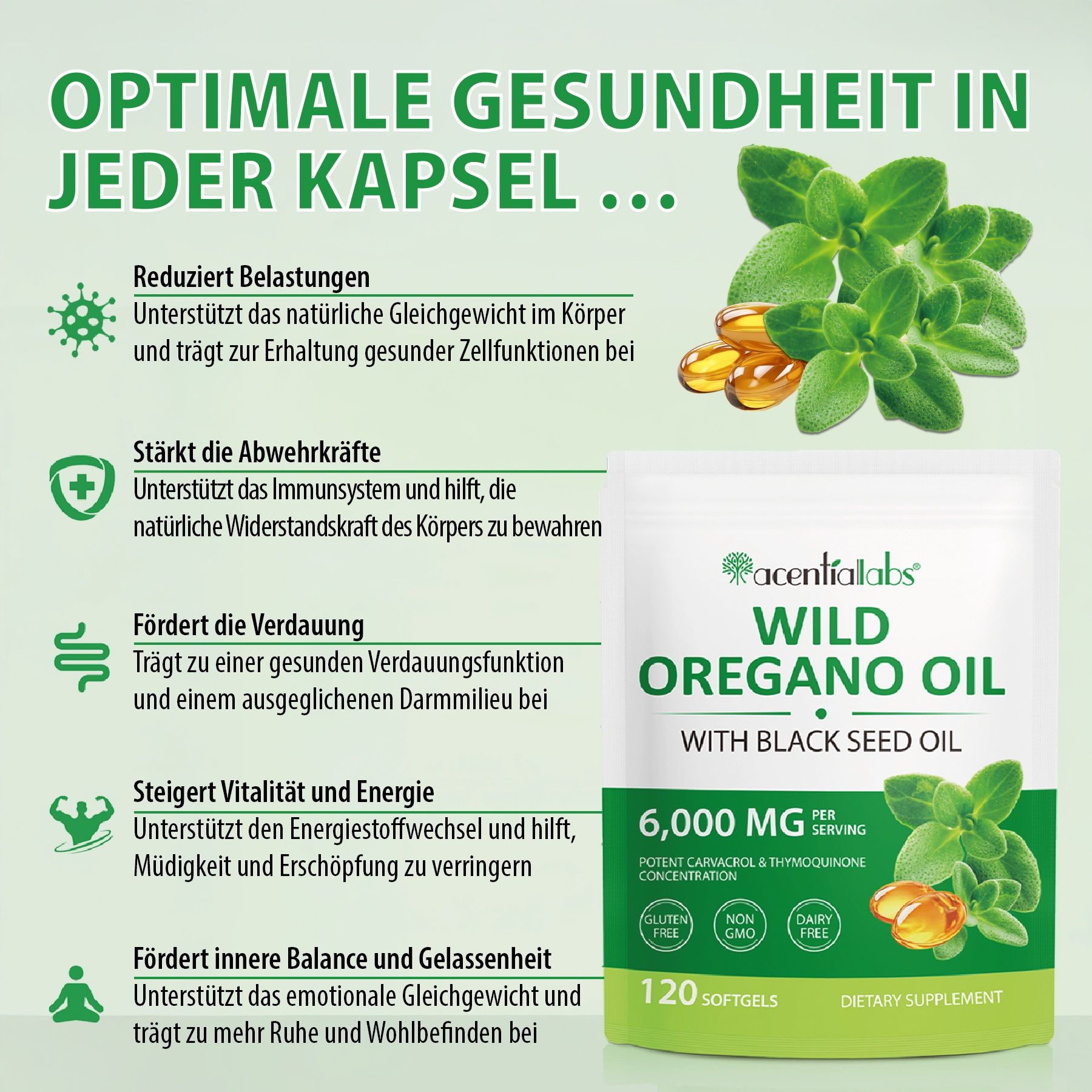 Beutel mit Softgels. Text: Wild Oregano Oil, 120 Softgels, 6.000 mg. Grün, gelb, Blätter.